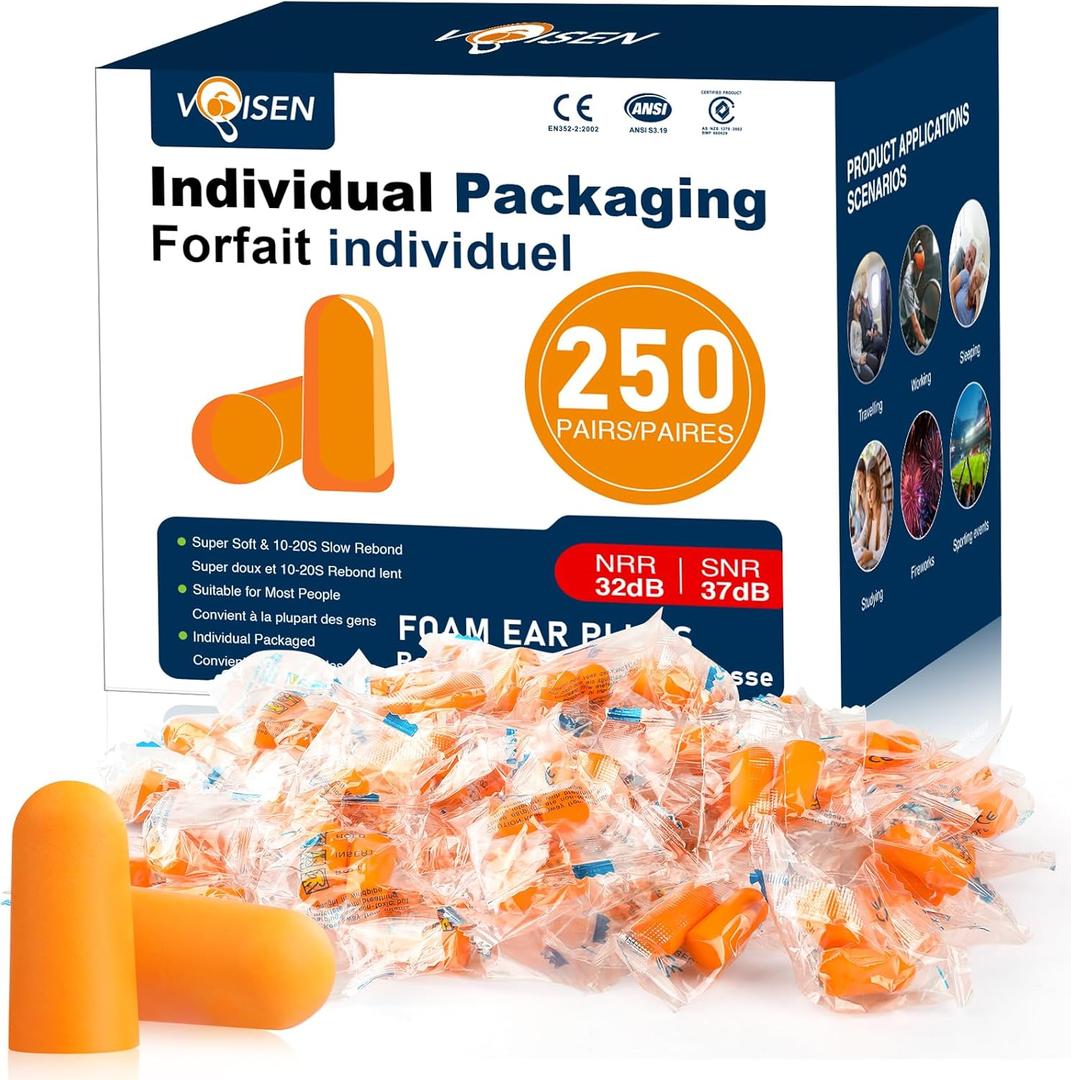 VOISEN Ear Plugs - 250 Pairs Noise Cancelling Ear Plugs for Sleeping, Snoring, Studying, Concerts & Traveling (Orange)