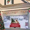 Merry Christmas Red Truck Pull Golden Retriever Garage Door Decor - 7 x 16 ft, Holiday Backdrop for Winter & New Year Parties