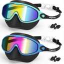 VegoVia 2 Pack Kids Swim Goggles with Nose Cover, Anti-Fog UV Protection Swimming Goggles for Kids Youth 3-15 (Black Green& Black Blue)