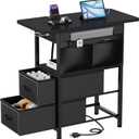 Small Side Table with Charging Station, Narrow Nightstand Bedside Tables with Storage Pocket for Living Room Bedroom, Sofa End Table with USB Ports and Power Outlets for Small Spaces (Black)