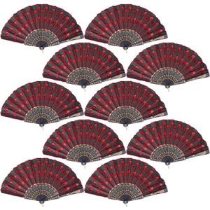 QIRMIZI 10 Pack Fabric Folding Handheld Fans, Perfect for Weddings, Parties, and Dancing, Red 