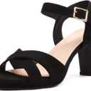 DREAM PAIRS Women's Chunky Heels Open Toe Ankle Strap Sparkly Heels Pump Sandals, Size 7.5,Black/Suede,ICE-1