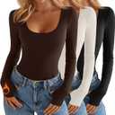 3 Pack Women's Thermal Fleece Long Sleeve Tops, Scoop Neck Slim Fitted Knit Base Layer Undershirts with Thumb Hole (Medium, Brown, White, Black)