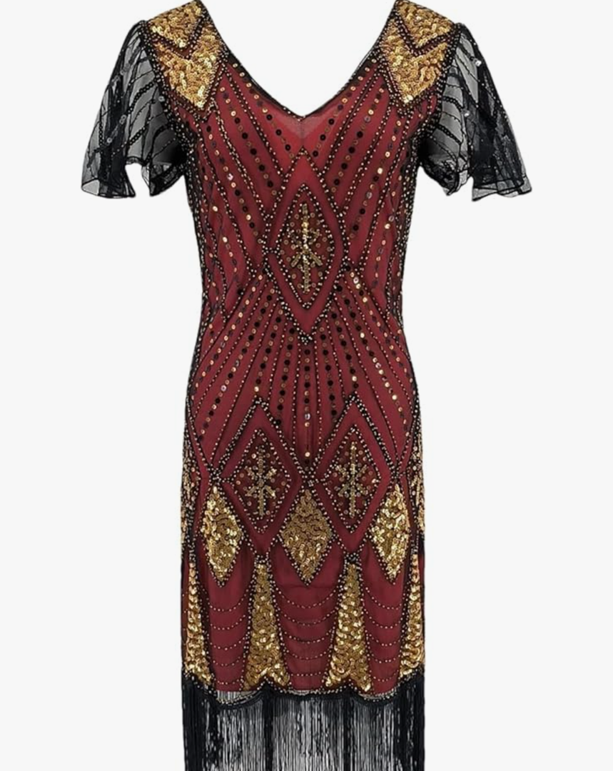 Women’S Sexy V-Neck Blue Sequin Flapper Fringe Mid-Calf Party Dress. Med short