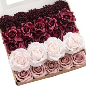 Ling's moment Artificial Flowers Fake Silk Roses Faux Foam Dahlia Gardenia Combo for DIY Wedding Bouquets Centerpieces Arrangements Bridal Shower Party Home Decorations, Marsala & Dusty Rose, 24pcs