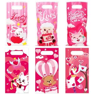 CCINEE 48 Pcs Valentine's Day Treat Bags with Handle, Cute Plastic Candy Bags in 6 Pink Cartoon Design for Valentine Party Favor Supplies Gift Goodie Bag Container
