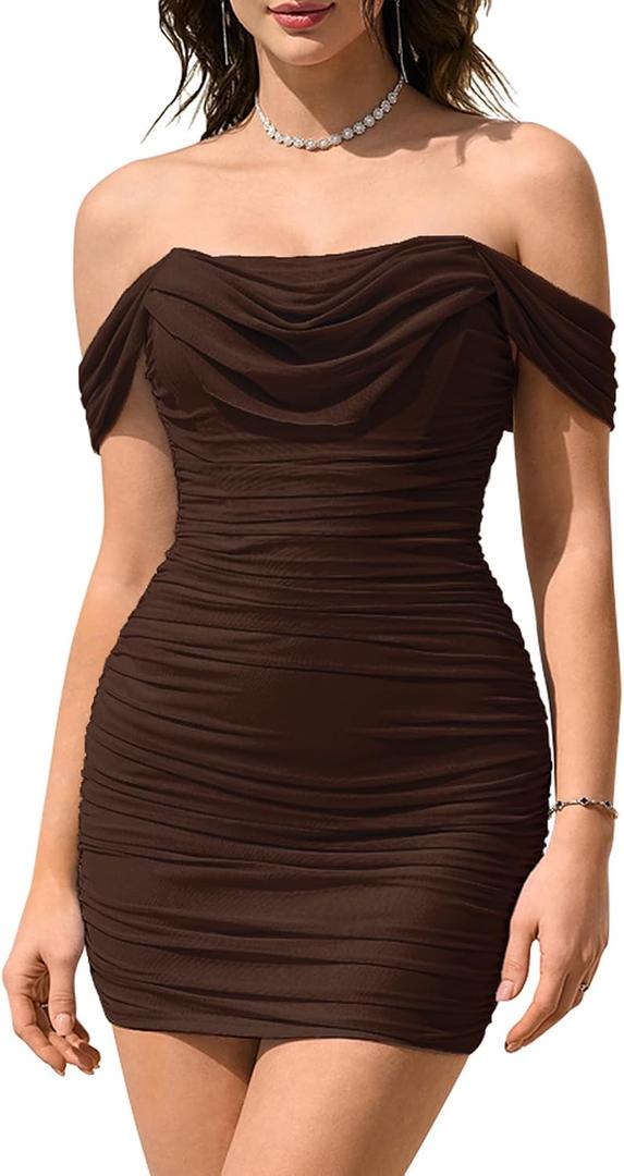 KUTUMAI Women Sexy Off Shoulder Mini Dress Corset Bodycon Ruched Short Cocktail Party Club Dresses (Brown, S)