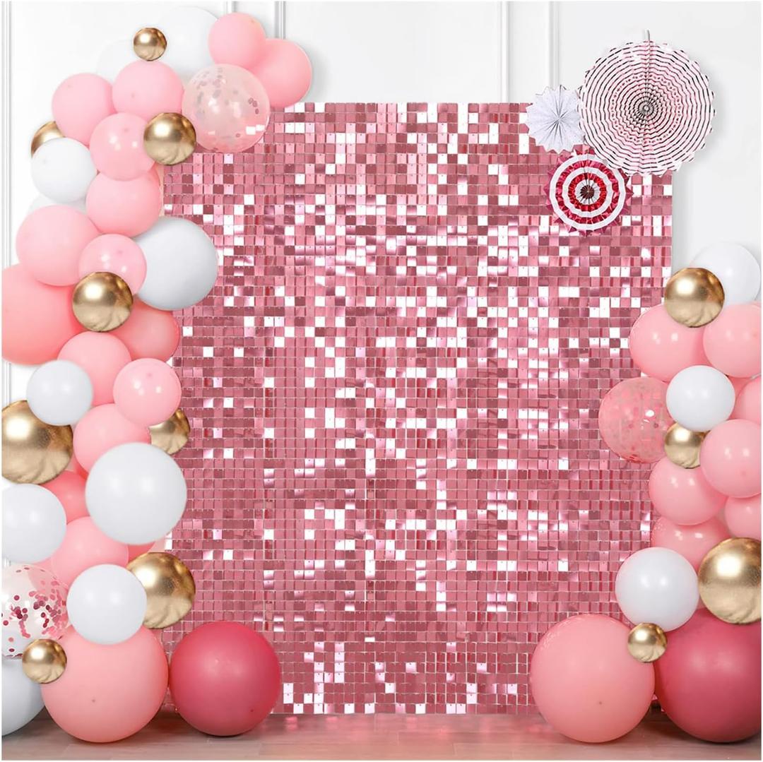 Pink Shimmer Wall Backdrop (Pack of 24) Square Shimmer Panels Sequin Photo Backdrops Decoration for Birthday Anniversary Engagement Christmas Parties Winter Glitter Bling Sequin Decor (6ftx4ft)