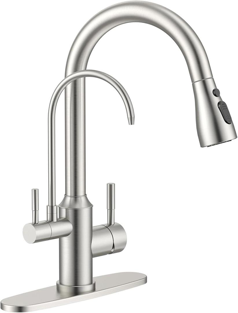 APPASO Kitchen Faucet with Water Filter, CUPC Certified Water Hose, Pull Out 3 Way Sink Faucets with Sprayer, High Arch 2 Handle Faucet - 2 in 1 Faucets Brushed Nickel, Without Filtration Device