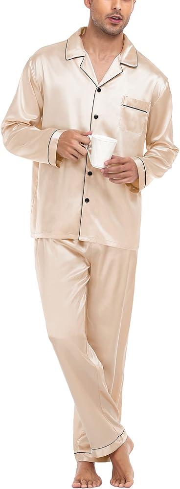 SWOMOG Mens Silk Satin Pajamas Set Long Sleeve Sleepwear Button-Down Pj Two-piece Loungewear with Long Pants, S