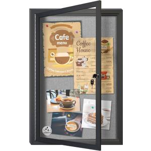 Outdoor Weatherproof Enclosed Fabric Bulletin Board,Noticeboard Case with Lockable Glass Door, Grey Felt,Black Aluminum Frame, 36x24 Inch (5xA4)