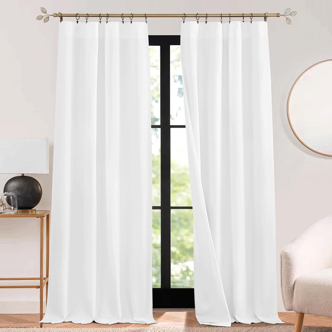 RYB HOME 3 in 1 Soundproof - Blackout - Insulation Linen Curtains, Noise Blocker Energy Saving Curtains for Bedroom Living Room Kids Nursery Studio Home Office, White, W52 x L84 in, 2 Panels