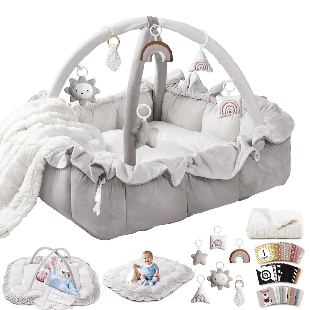 Mallify 5-in-1 Plush Baby Play Gym, Baby Play Mat, Convertible Baby Gym with Blanket and 6 Toys, Tummy time mat, Baby Activity Center from Newborn to Toddler, Baby Gym, Baby Newborn Essentials, Grey