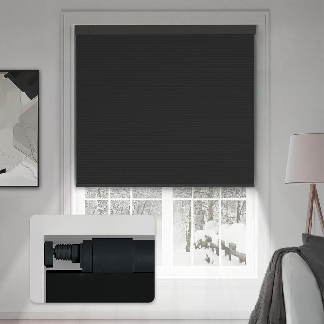 34''W x 64''H No Drill No Tools Cordless Cellular Shades for Indoor Windows, Blackout Honeycomb Blinds with Pull Down & Free Stop, Thermal Insulating & Noise Reducing, Black