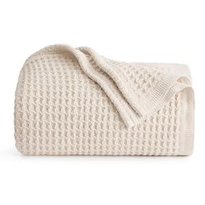 Bedsure Gentlesoft 100% Cotton Throw Blanket for Couch 50x70 inches - Cooling Breathable and Soft for Summer, Waffle Weave Throw Blanket for Office, Light Beige