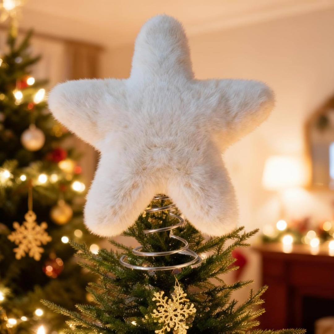 Soulchen 11 Inch White Christmas Star Tree Topper Faux Mink Fur Christmas Tree Topper Star White Rustic Treetop Ornaments for Xmas Decoration Home Indoor Outdoor Holiday Decoration