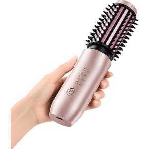 CARESKY Cordless Curling Iron Brush, 1.5 Inch Mini Travel Hair Curler with 200 Million Negative Ions, Portable Heated Round Straightener Brush Rechargeable for Curl, Touch-Up (Pink Champagne)