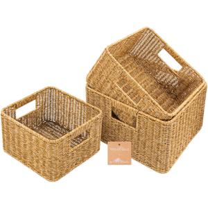 myHomeBody Wicker Storage Basket, Storage Cubes, Woven Baskets for Organizing, Resin Wicker Set of 3, Tan