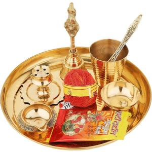 NOBILITY Brass Pooja thali 7 Inch with Kalash Kuber Diya and Other Accessories Ganesh Lakshmi Design Subh Labh Daily Puja Thali Set for Festival Home Office Mandir Diwali Gift Items