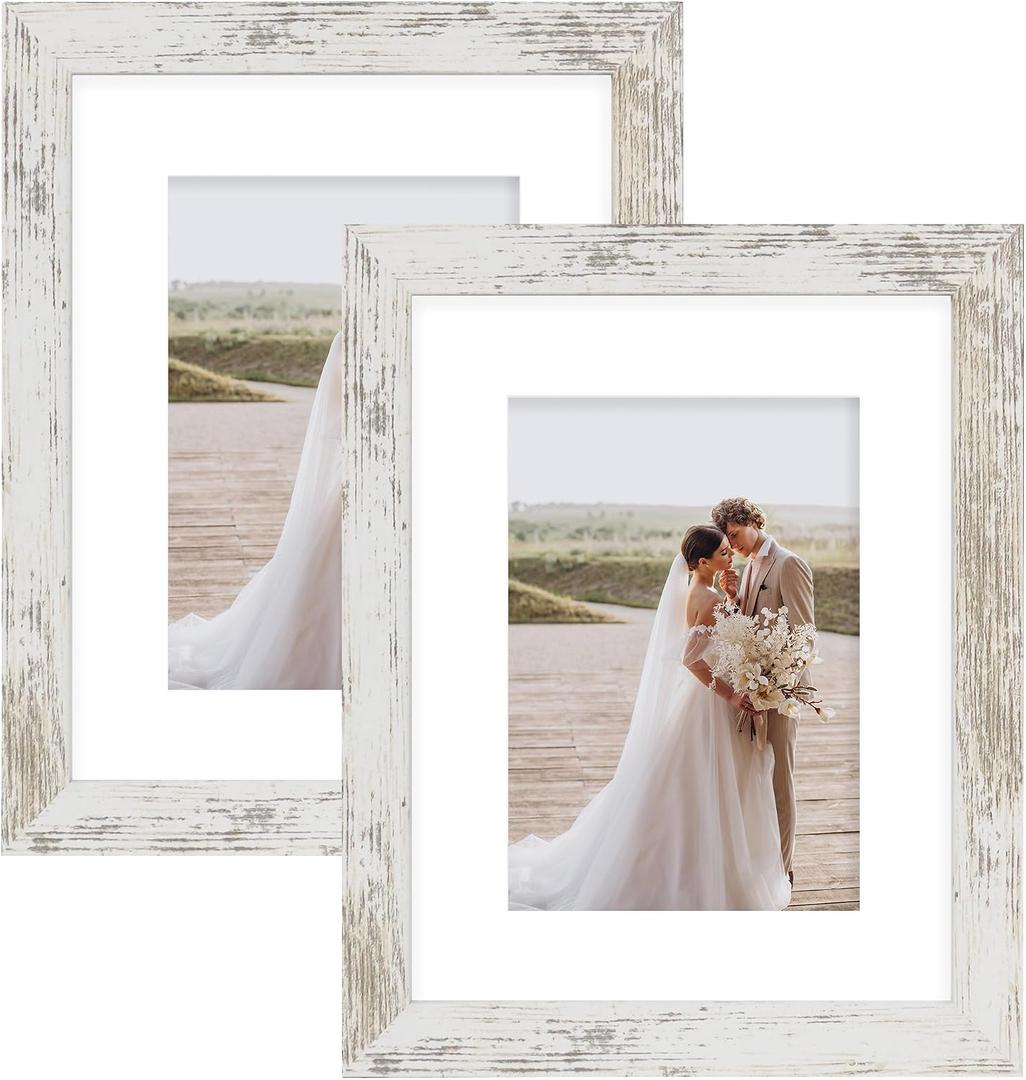 Hongkee 8x10 Picture Frame Set of 2, Made of Real Glass and Distressed White Wooden Frame - Display Picture 5x7 with Mat or 8x10 Without Mat, 8 by 10 Photo for Wall or Tabletop