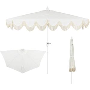JONATHAN Y Half Umbrella UMB1201K Beverly 9 ft. Designer Classic Scalloped Fringe Market Patio with Crank, Tilt Button and UV Protection in Cream/White, White Pole