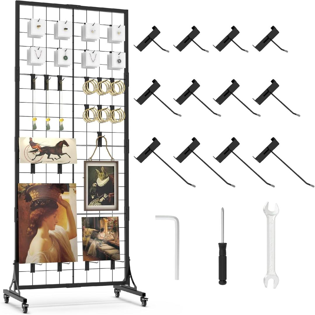 HUHOLE Gridwall Panel Display Stand, 2.2'  5.2' Ft Movable Grid Wall Panel Display Stand, Heavy-Duty Floorstanding Wire Display with Extra 12 Hooks for Retail, Garage Organization, Craft Fairs