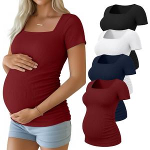 Huukeay 4 Pack Women's Maternity Shirts Cotton Short Sleeve Square Neck Pregnancy Tops Ribbed Side Ruched Summer Tee(Black, White, Navy Blue, Wine Red, Medium)