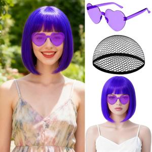 MEEZY Dark Purple Short Bob Wigs Straight Hair with Flat Bangs Heart Sunglasses for Women, Colorful Funny Cosplay Party Neon Wig Synthetic Natural As Real Carnival Halloween Costume Party Favors