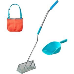 Sand Flea Rake - Commercial Grade Beach Rake for Sand, Shark Teeth Sifter with Heavy Duty 52" Ergonomic Handle - Large 16" Basket with Sharp Teeth - includes Bonus Mesh Bag and Sand Scoop
