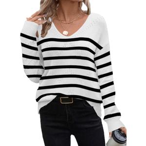 Zeagoo Womens Sweaters Fall Trendy Casual Long Sleeve Shirt Lightweight V Neck Off Shoulder Crochet Pullover Top Outfit (X-Large, White Stripe)
