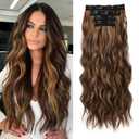 REECHO Clip in Hair Extensions, 4PCS BHair Extensions 24" Thick Long Beach Waves hair extensions HE003 Invisible Lace Weft  Chocolate Brown with Golden Highlights