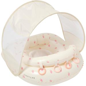 SUNNYLiFE Baby Float with Canopy UPF40 Infant Pool Float, Adjustable Fabric Seat, 4 Silicone Play Rings | 6-12 Months - Strawberry Sunshine Pink