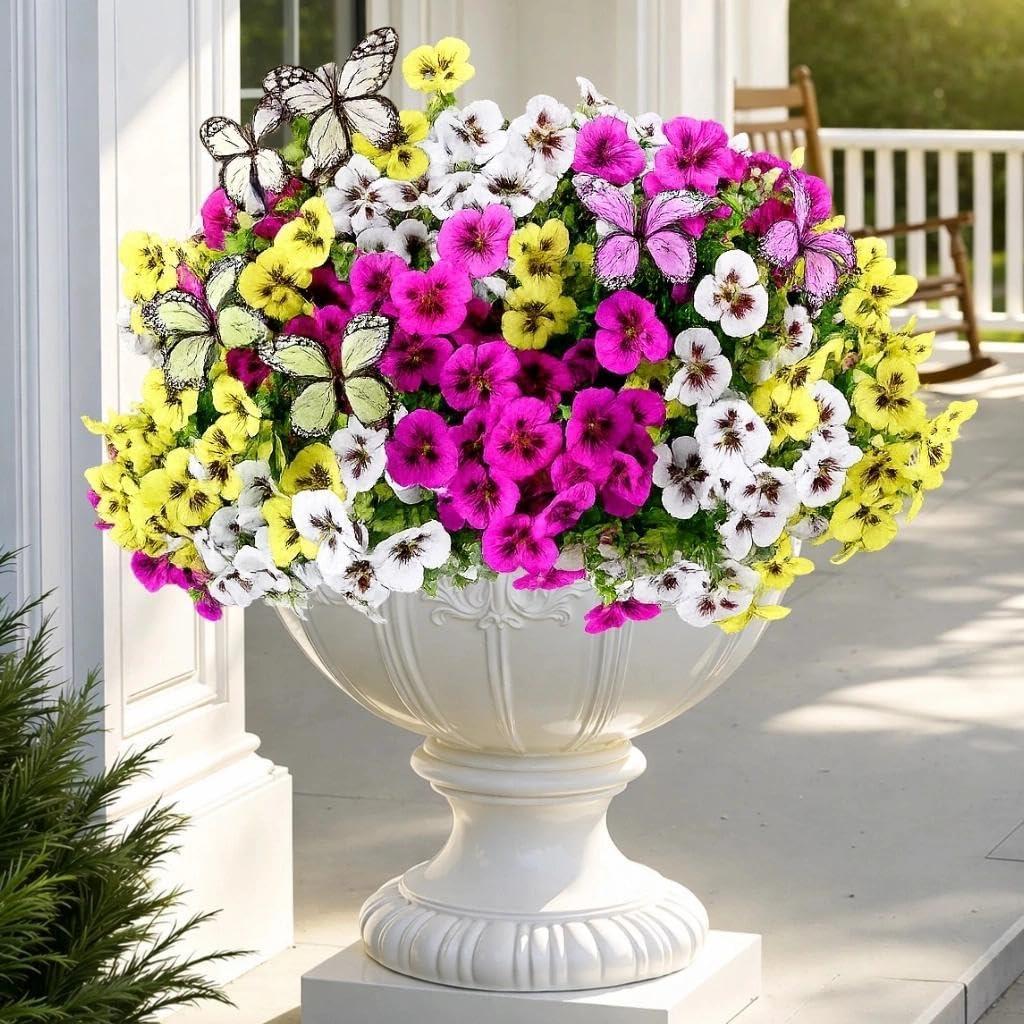 Geegoods 18 Stems Artificial Pansies Flowers for Outdoor with 3 Pcs Butterflies, UV Resistant Faux Flowers for Hanging Baskets Window Box Porch Garden Spring Summer Decor