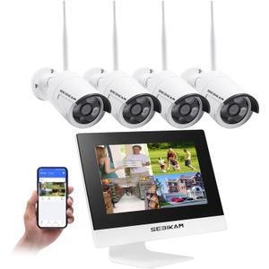 2K Wireless Security Camera System Outdoor with 10.1" Monitor, 4pcs 3MP Wired Plug-in Powered Cameras 2-Way Audio, No Monthly Fees, Night Vision, Motion Detection Surveillance (No Hard Drive)