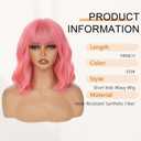 AGO Pink Wigs Short Wavy Hair Pastel Bob Wig with Bangs Shoulder Length Synthetic Hair for Women Girl Colorful Cosplay Wig Synthetic Heat Resistant Fiber for Daily Party Halloween Use(313#Pink)