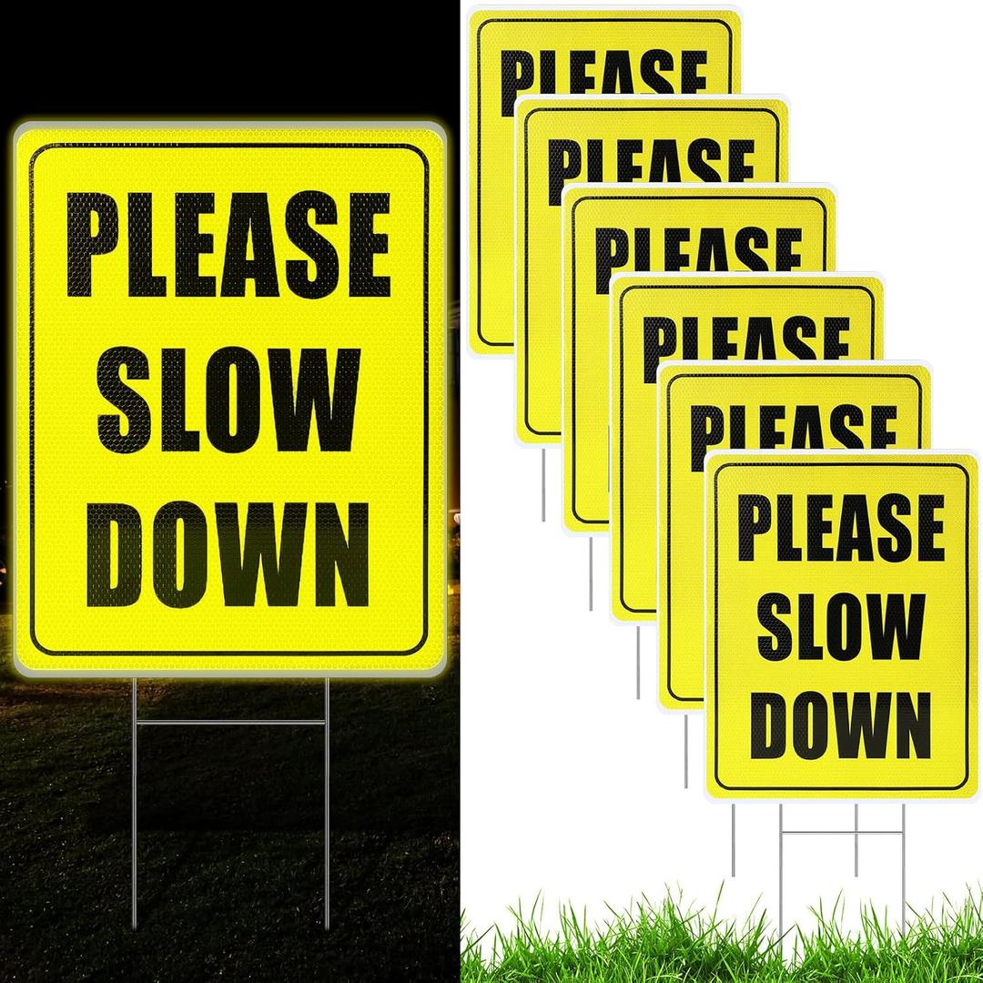 Thyle 6 Pcs Reflective Please Slow Down Signs for Neighborhoods with Metal Stake 17 x 13 Inch Double Sided Slow Down Sign for Street Lawn Children Playing Yard Road Visual Sign, Yellow