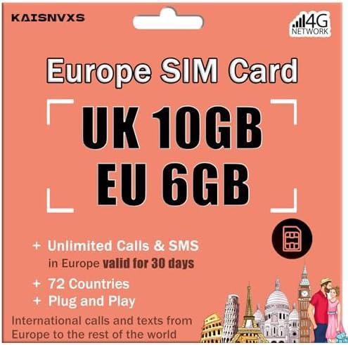 Prepaid SIM Card for Europe Travel - 10GB in UK / 6GB 4G High Speed Data Roaming in 71 Europen Countries for 30 Days, Unlimited Calls & Texts with UK Phone Number, No Need Activation,Plug and Play