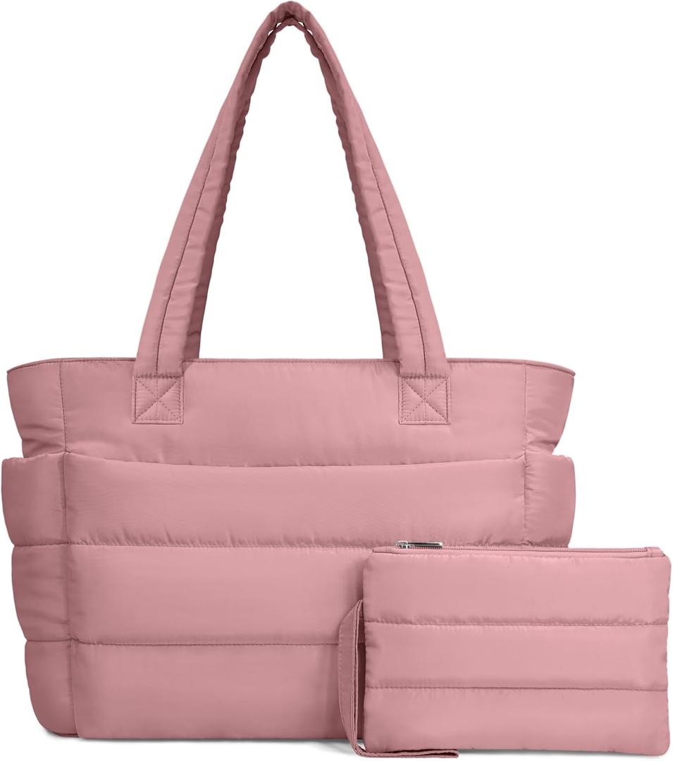 TOPDesign Puffer Tote Bag for Women, Lightweight Puffy Handbag with Compartments, Quilted Shoulder Bag for Work, Travel, Gym (Large, Dark Pink)