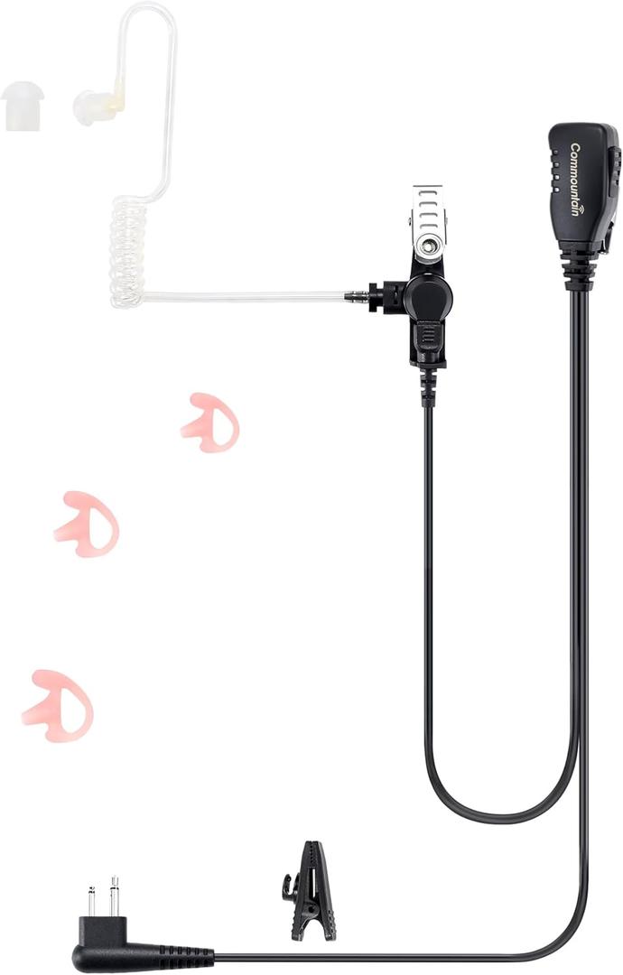 commountain earpiece for Motorola Walkie Talkie and Radio with PTT/Mic, Compatible for CP200D CP100D R2 CP200 CP185 BPR40 CLS1410 CLS1110 RMU2040 RMU2080D, Acoustic Tube Surveillance Headset, 2 Pin (For User Below 6 Feet Tall & For Right Ear)