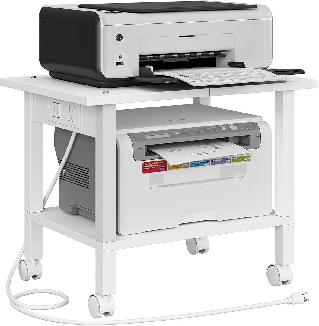 TUTOTAK 2 Tier Printer Stand, Rolling Printer Cart with Power Outlets and USB Ports, Mobile Printer Table with Wheels, for Under Desk, Office, Home, White PS01BW001P