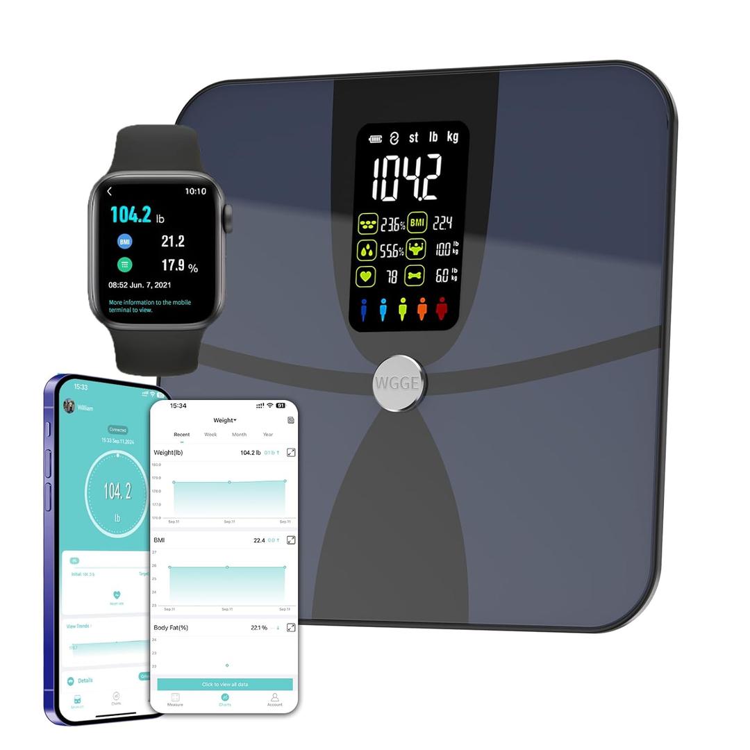 WGGE Smart Body Weight Scale, Digital Smart Bathroom Scale with Mobile App, Large LCD Display Screen,17 Body Composition Metrics BMI, Body Fat Tracking, Heart Rate, Baby Mode,400lb/180kg