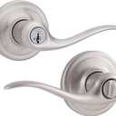 Kwikset Tustin Entry Door Handle with Lock and Key, Secure Keyed Reversible Lever Exterior, For Front Entrance and Bedrooms, Satin Nickel, Pick Resistant Smartkey Rekey Security and Microban