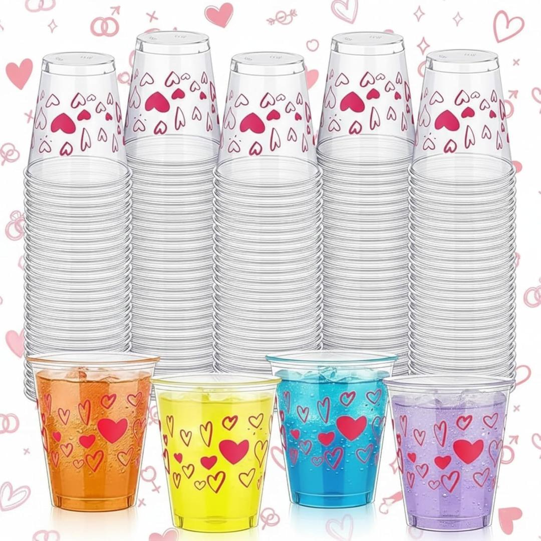 200 Pcs Valentine's Day Plastic Shot Cups Bulk 2 oz Pink Heart Disposable Shot Glasses Small Drinking Tasting Cups for Whiskey Liquor Valentines Wedding Anniversary Holiday Bachelor Party