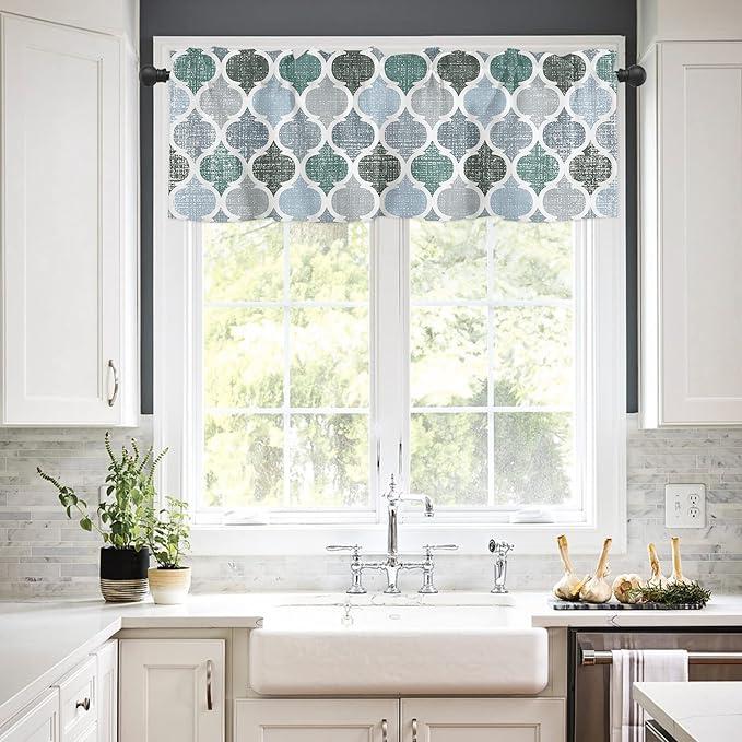 Valances Curtains for Living Room Retro Moroccan Pattern Gray and Green Semi Sheer Valance for Windows Rod Pocket Short Window Treatment Decor Curtains Light Filtering Kitchen Valance 42"x12"