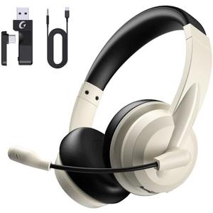 Wireless Headset with Mic for Work with AI Noise Cancelling Mic for Clear Calls, Bluetooth V5.3 Headphones with Microphone to USB A/C Dongle & Mic Mute for Computer Laptop PC iPhone (Apricot Black)