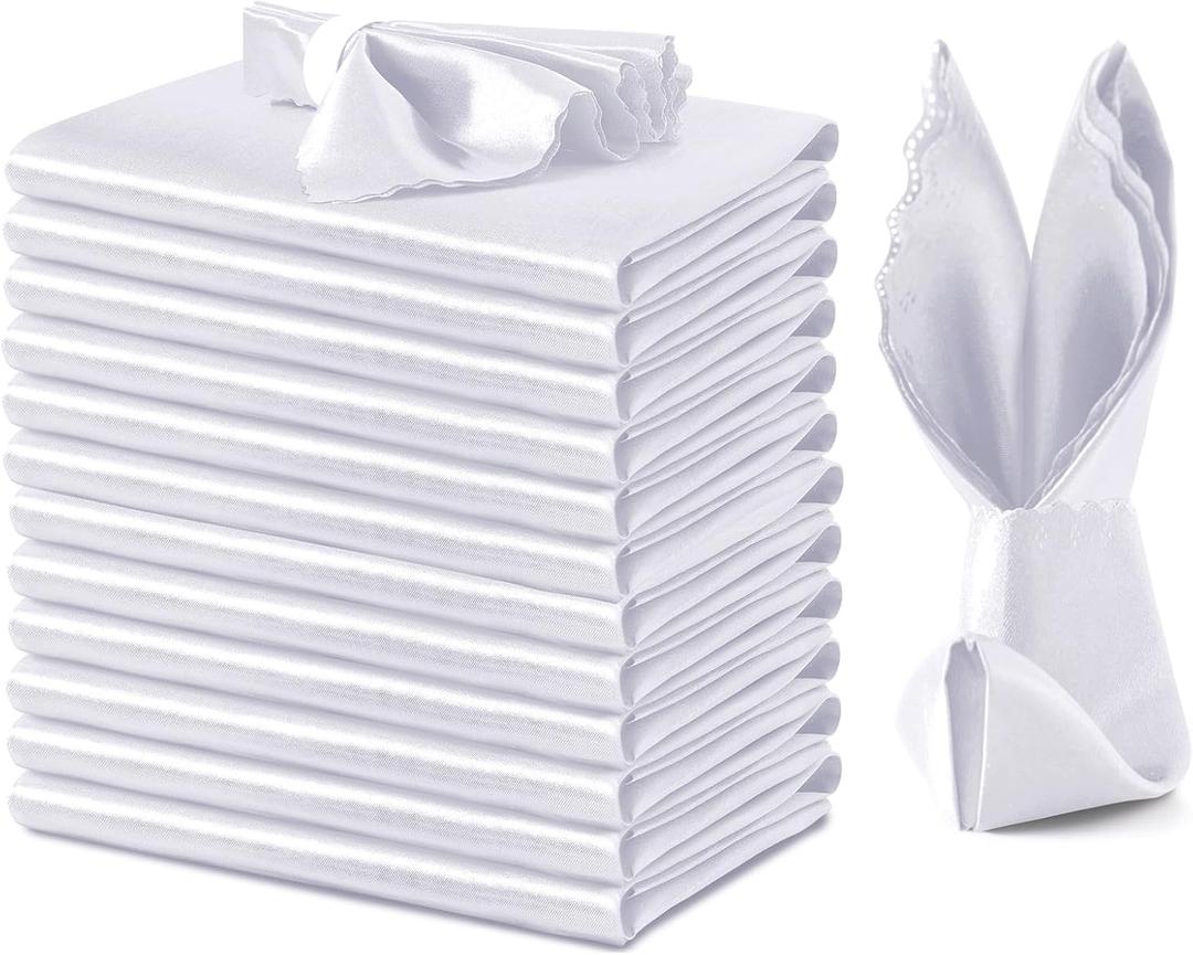 VACVELT 12 Pack White Satin Napkins 12x12 Inch Wedding Napkins, Scalloped Elegant Dinner Napkins Square Table Napkins Decor, Silky Satin Cloth Napkins for Restaurant Banquet Graduation Party