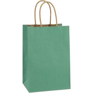 BagDream Kraft Paper Bags 100Pcs 5.25x3x8 Inches Small Kraft Gift Bags with Handles Bulk, for Shopping, Party Favor, Retail, Merchandise, Business, Green Striped Paper Sacks