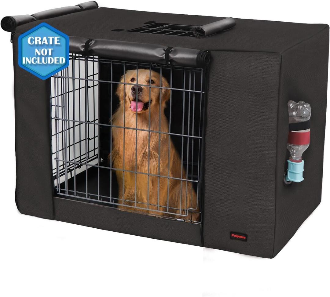 Dog Crate Cover 42 Inch - Waterproof Kennel Cover with Top Window, 600D Oxford Fabric Dog Cage Cover Fit for Most Double Door Wire Crate, Unique Drinking Hole Design, Black (Cover Only) (42"(L)x28" (W)x 30"(H), Black)