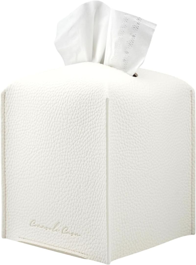 Premium PU Leather Tissue Box Holder - Elegant Hotel-Style Tissue Box Cover for Home, Office & Car Dcor, Tissues Cube Organizer for a Natural & Classic Look (White)