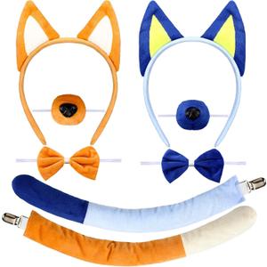 8 Pcs Blue Family Party Supplies Blue Dog Ears and Tail Set Plush Dog Ears Headband Tail Nose Bow Tie Costume Accessory for Halloween Animal Cosplay Party Supplies